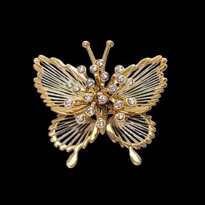 Vintage MONET Swarovski Crystal Butterfly Brooch - Gold Tone 22K Plated